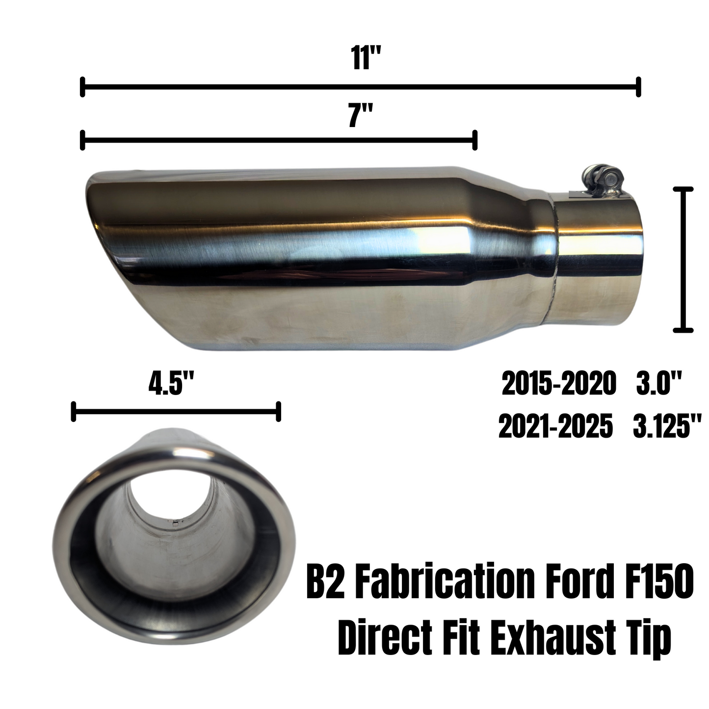 Aftermarket Ford F-150 exhaust tip with factory-style fitment, black and silver options