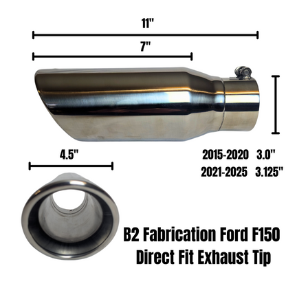 Aftermarket Ford F-150 exhaust tip with factory-style fitment, black and silver options