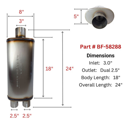 BF-58288 18" long body stainless steel performance muffler